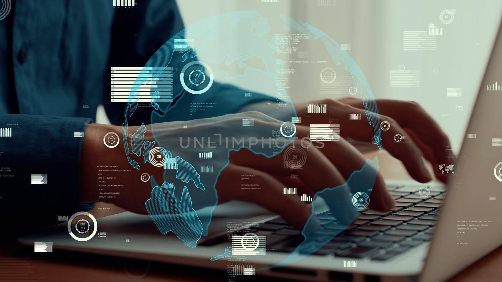Businessman uses capable laptop computer to analyze business data analytic for marketing strategy and customer relationship management
