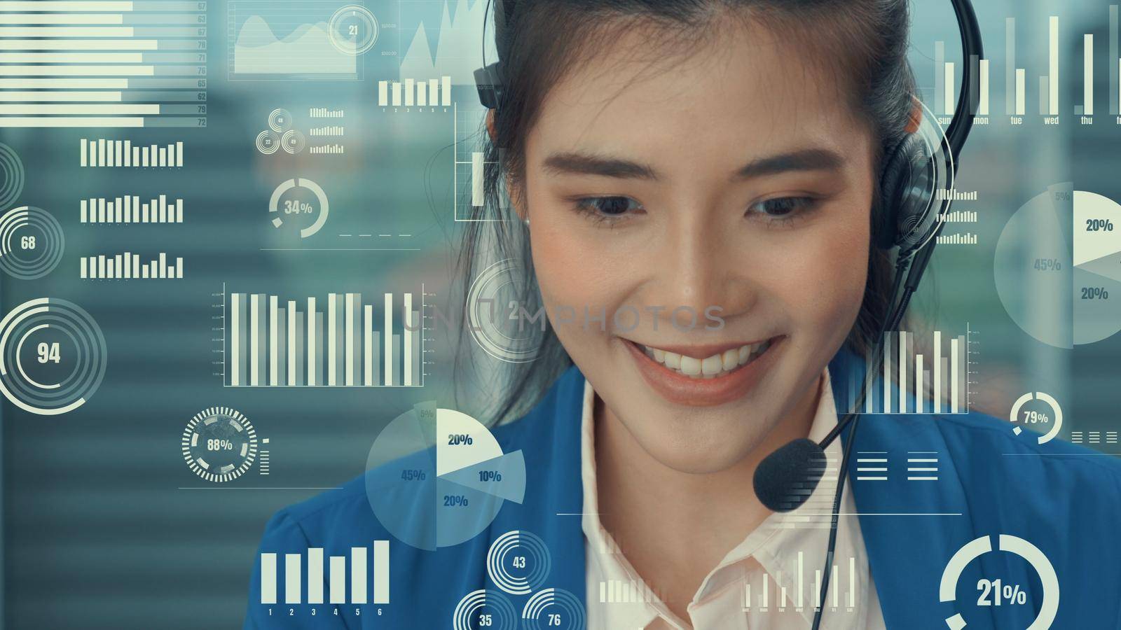 Customer support call center provide data with envisional graphic . Business and communication technology concept .