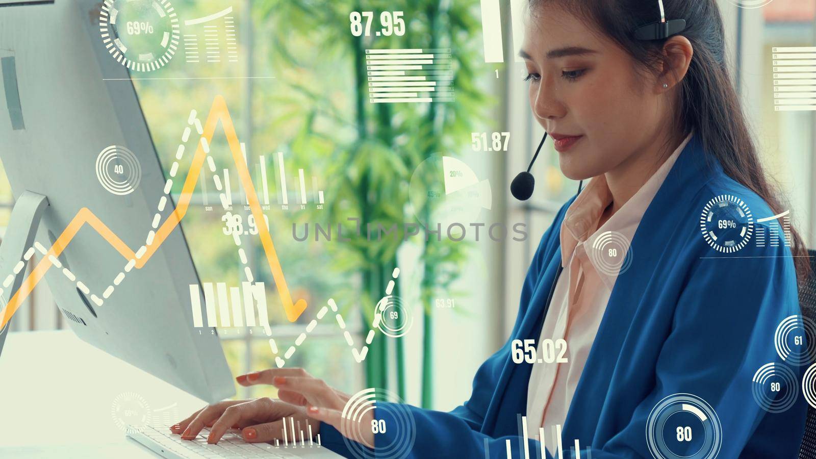 Customer support call center provide data with envisional graphic . Business and communication technology concept .
