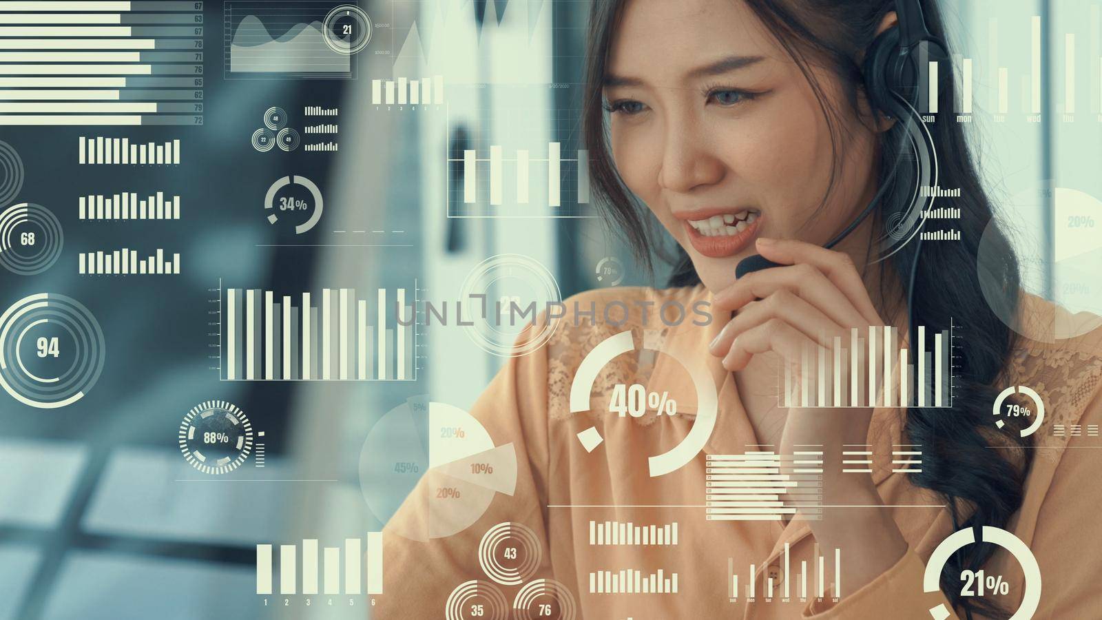 Customer support call center provide data in conceptual vision . Business and communication technology concept .