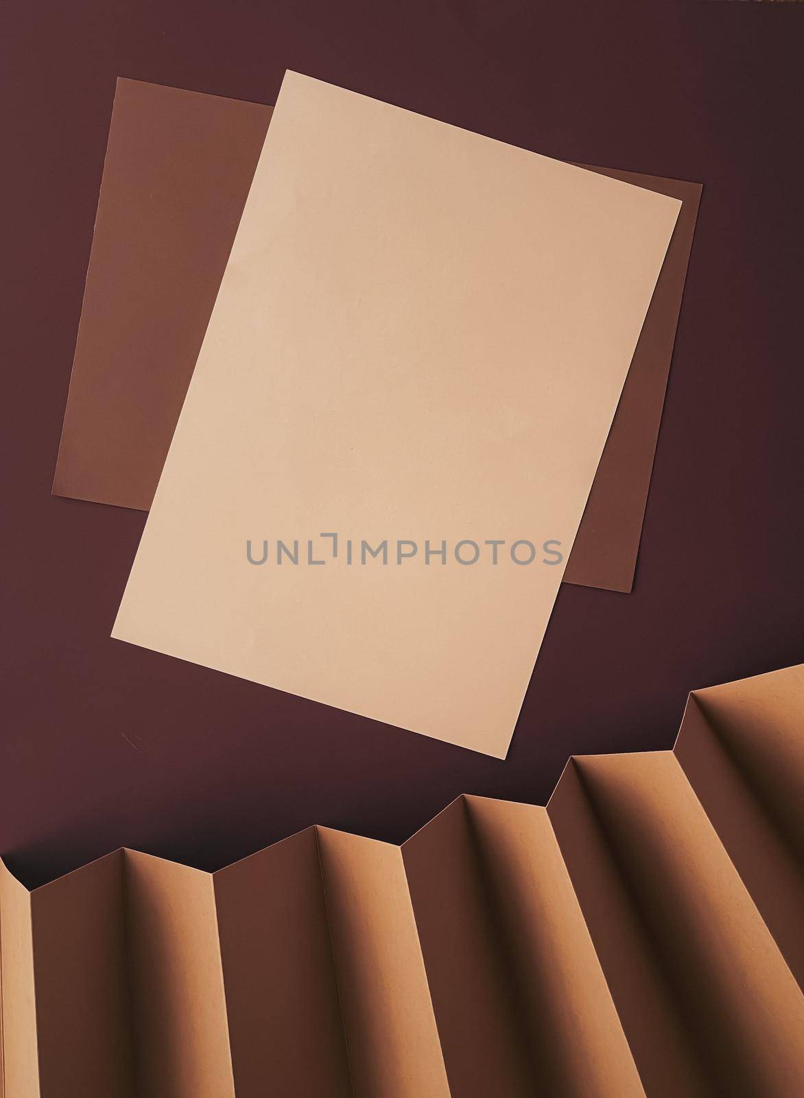 Beige and brown A4 papers as office stationery flatlay, luxury branding flat lay and brand identity design for mockups, work and creativity concept