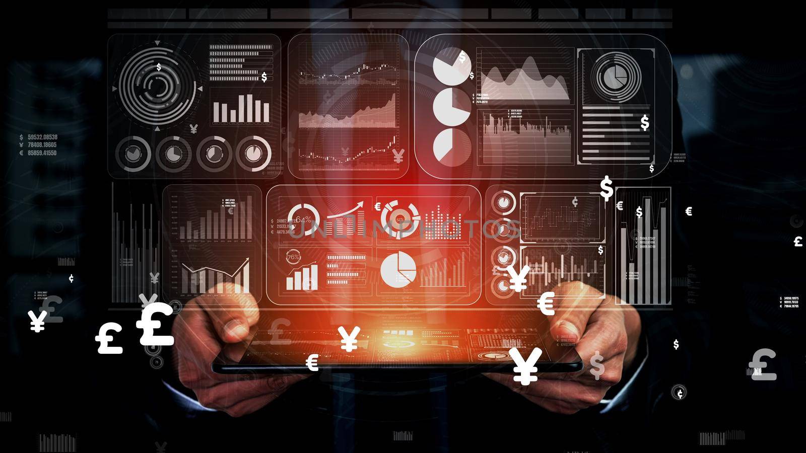 Big Data Technology for Business Finance Analytic conceptual. Modern graphic interface shows massive information of business sale report, profit chart and stock market analysis on screen monitor.