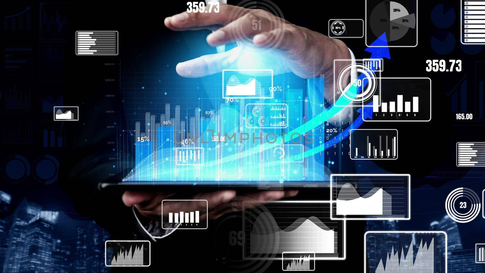 Double Exposure Image of Business and Finance conceptual - Businessman with report chart up forward to financial profit growth of stock market investment.