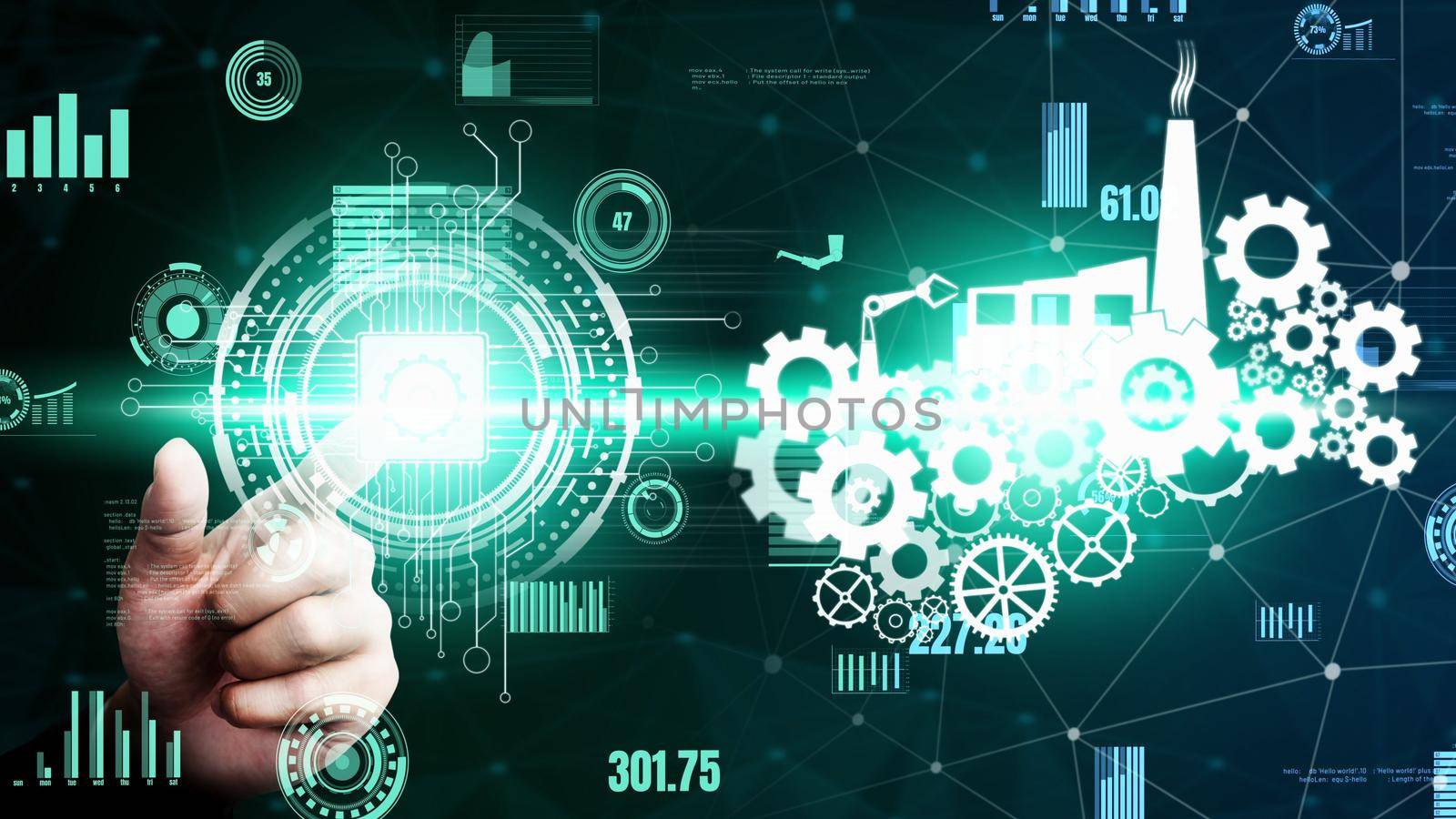 Futuristic industry 4.0 and inventive mechanized engineering concept with graphic user interface showing automation design, robot operation, usage of machine deep learning for future manufacturing.