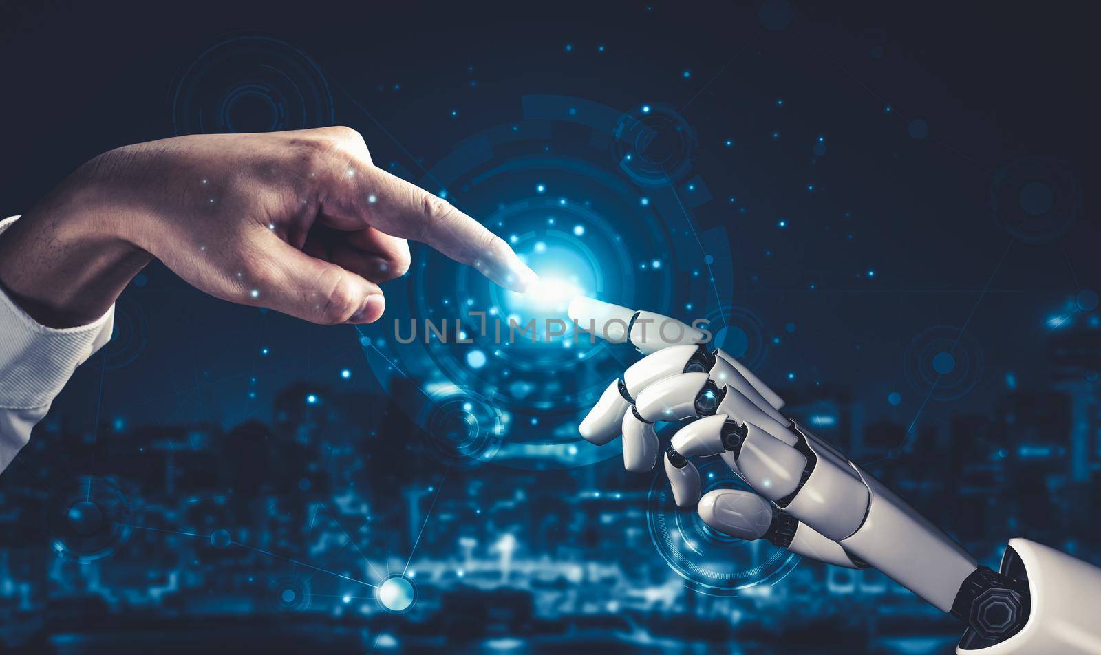 3D rendering artificial intelligence AI research of droid robot and cyborg development for future of people living. Digital data mining and machine learning technology design for computer brain.