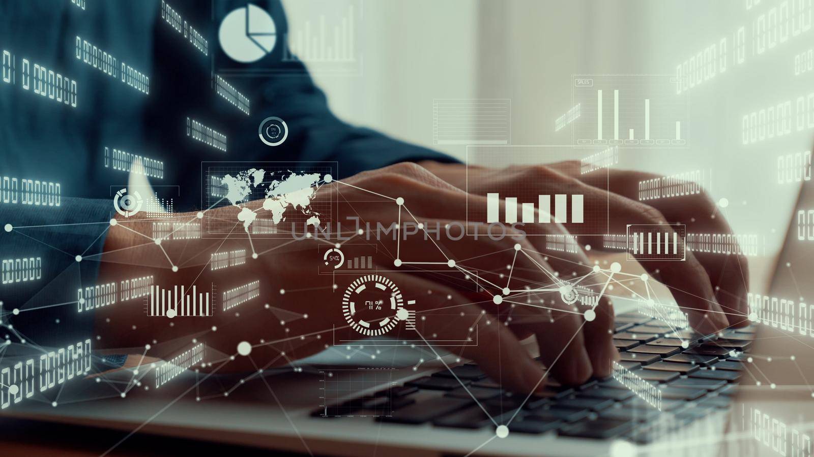 Businessman uses capable laptop computer to analyze business data analytic for marketing strategy and customer relationship management