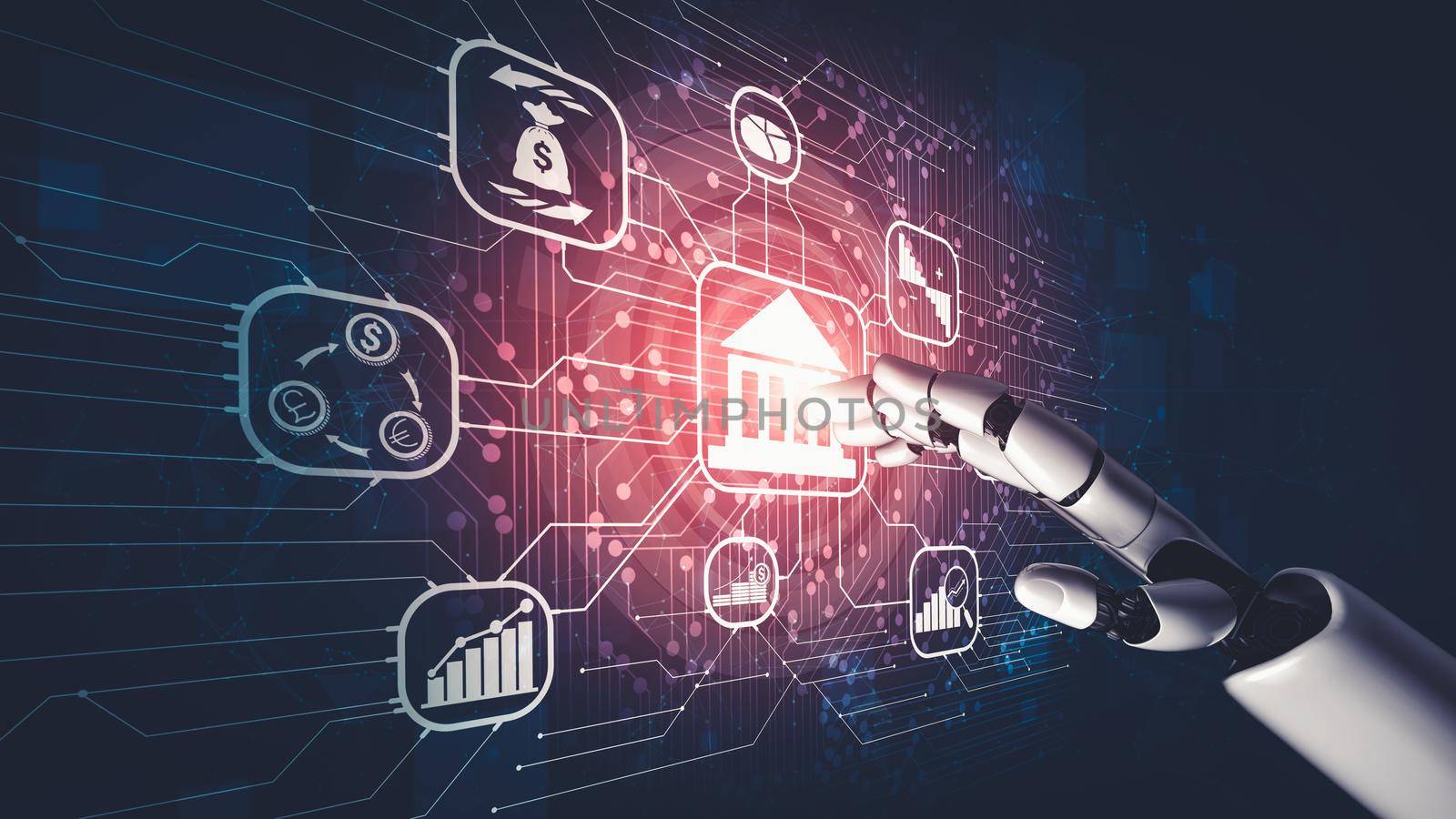 3D rendering artificial intelligence AI research of droid robot and cyborg development for future of people living. Digital data mining and machine learning technology design for computer brain.