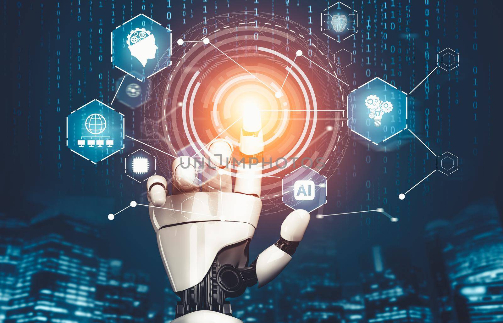 3D rendering futuristic droid robot technology development, artificial intelligence AI, and machine learning concept. Global robotic bionic science research for future of human life.