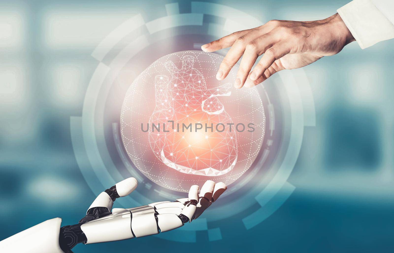 3D rendering medical artificial intelligence droid robot working in future hospital. Futuristic prosthetic healthcare for patient and biomedical technology concept.
