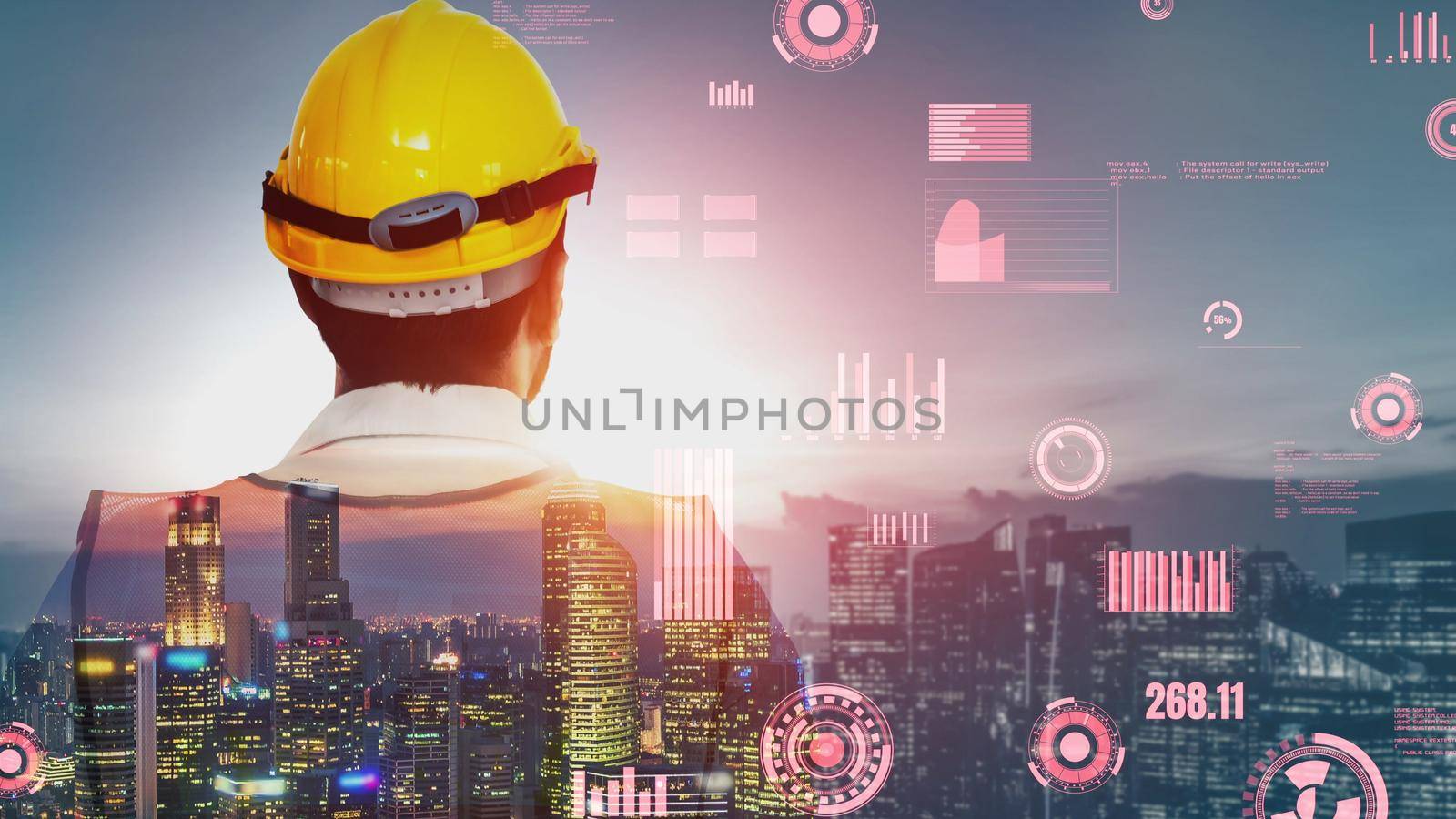 Future building construction and inventive engineering project concept with HUD hologram graphic design. Building engineer, architect people or construction worker works with modern civil technology.