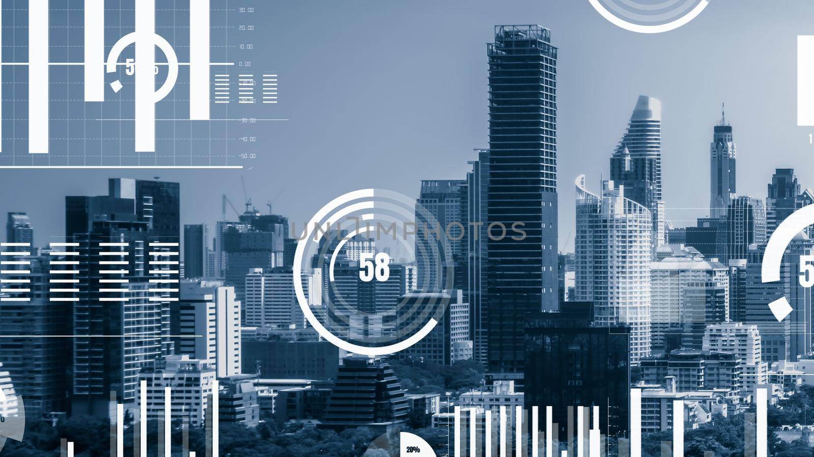 Business data analytic interface fly over smart city showing alteration future of business intelligence. Computer software and artificial intelligence are used to analyze big data for strategic plan .