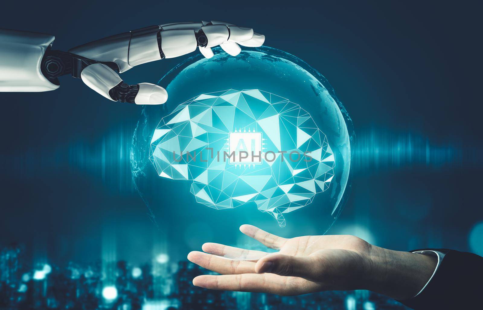3D rendering futuristic droid robot technology development, artificial intelligence AI, and machine learning concept. Global robotic bionic science research for future of human life.