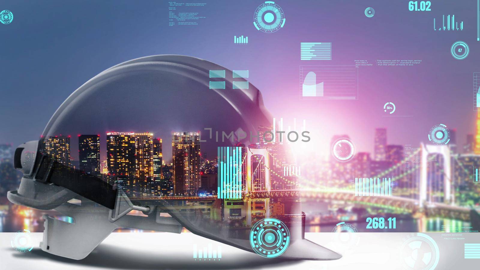 Future building construction and inventive engineering project concept with HUD hologram graphic design. Building engineer, architect people or construction worker works with modern civil technology.