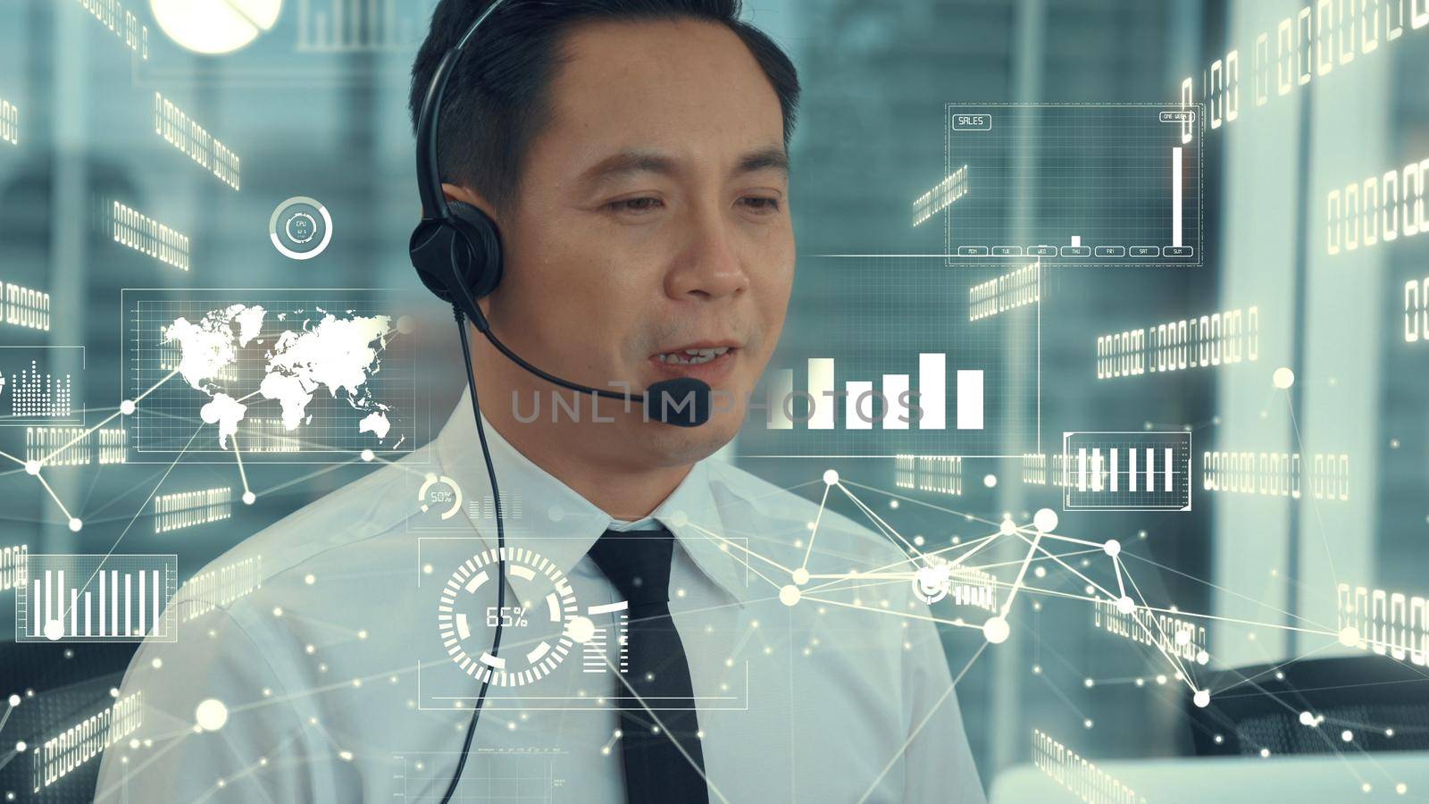 Customer support call center provide data in conceptual vision . Business and communication technology concept .