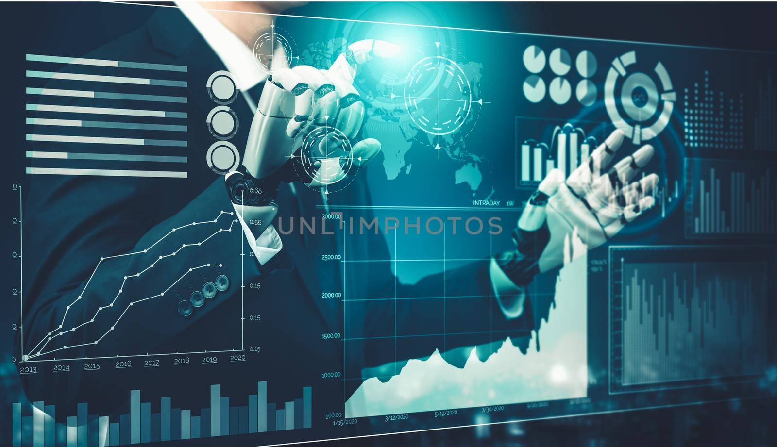 3D rendering futuristic droid robot technology development, artificial intelligence AI, and machine learning concept. Global robotic bionic science research for future of human life.
