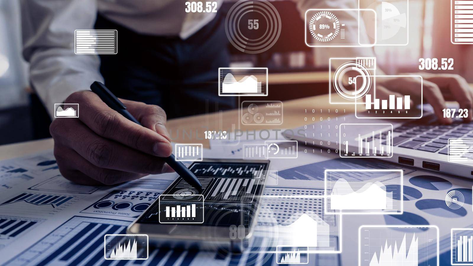 Conceptual business dashboard for financial data analysis . 3D render computer graphic .