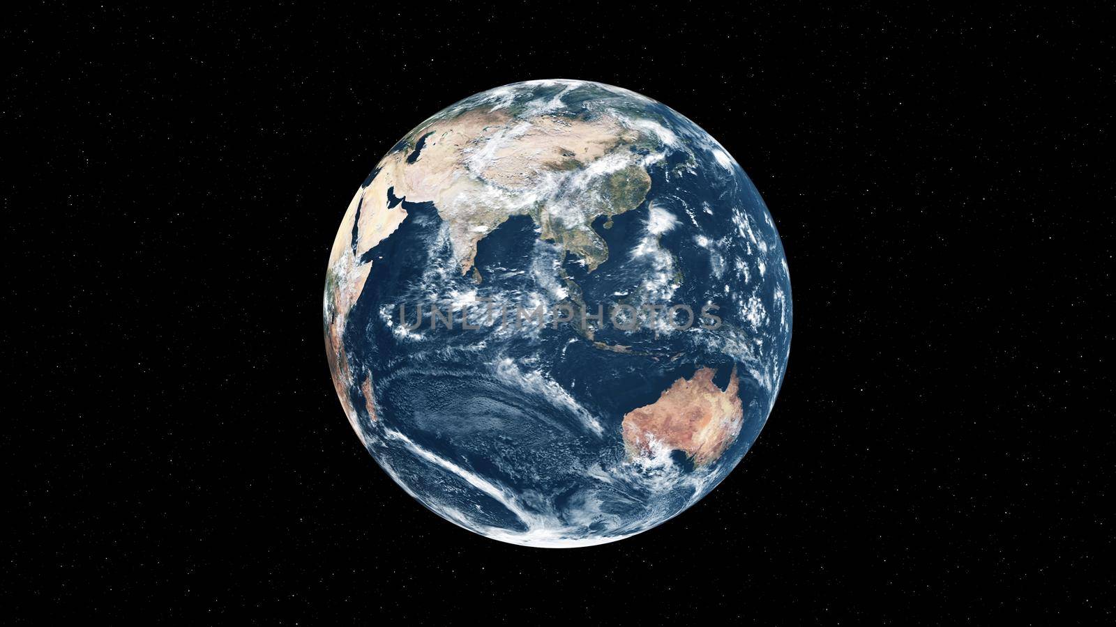 Planet earth with realistic geography surface and orbital 3D cloud atmosphere . Outer space view of world globe sphere of continents . 3D rendering graphic . Elements of this image furnished by NASA .