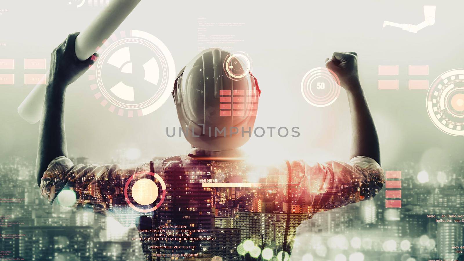 Future building construction and inventive engineering project concept with HUD hologram graphic design. Building engineer, architect people or construction worker works with modern civil technology.