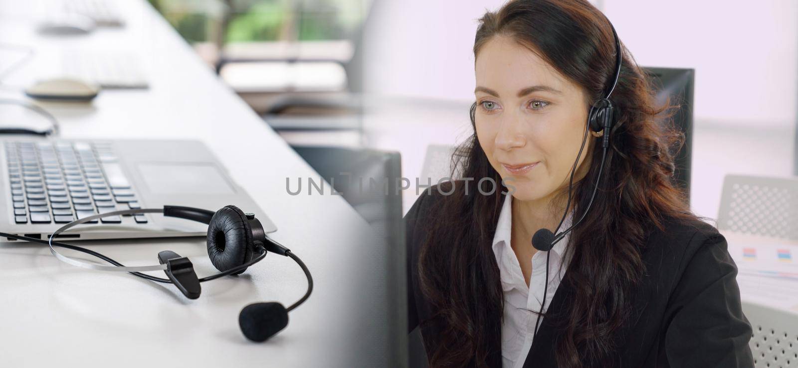 Business people wearing headset working in office to support remote customer or colleague. Call center, telemarketing, customer support agent provide service in broaden view .