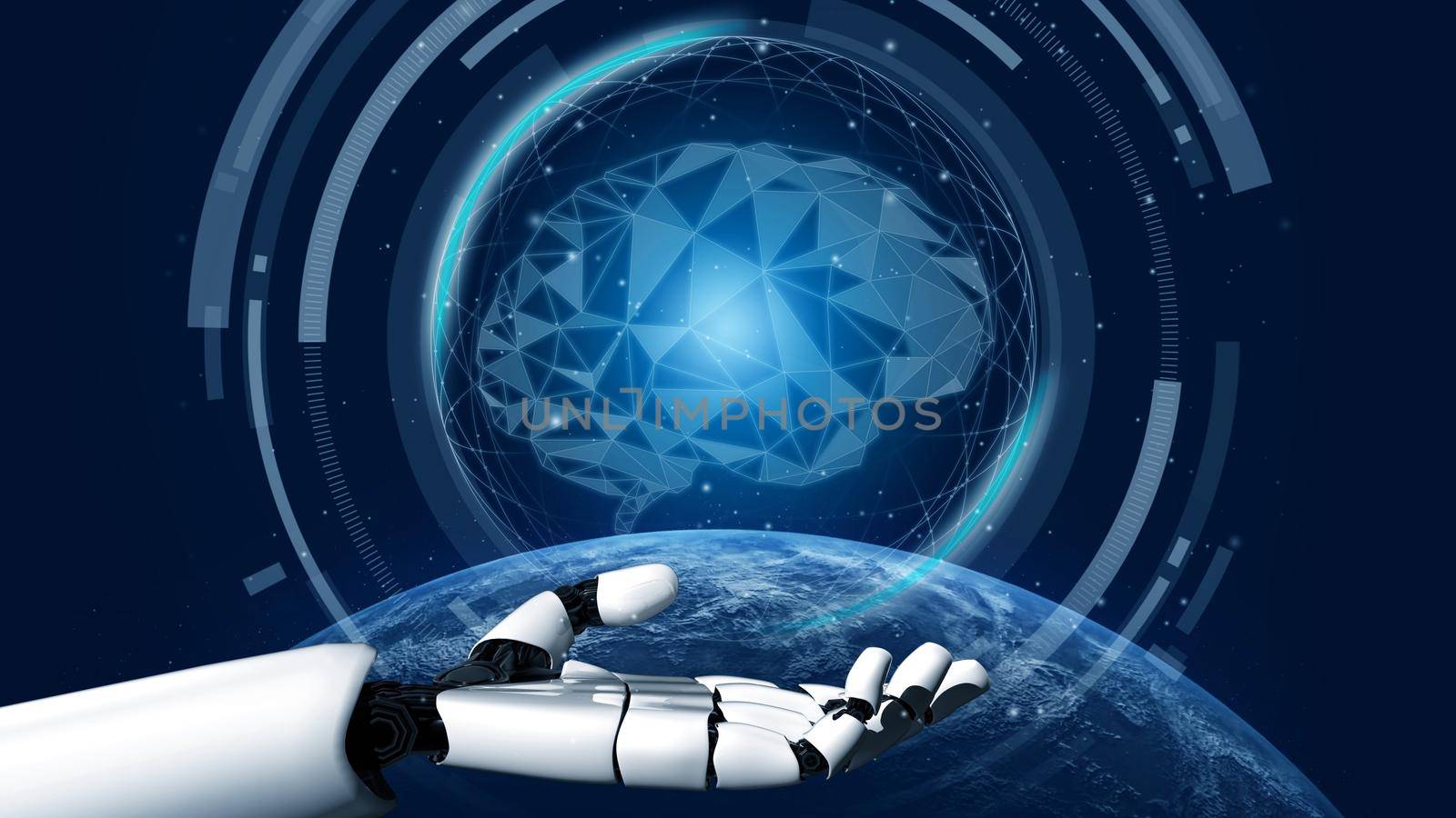 Futuristic robot artificial intelligence revolutionary AI technology development and machine learning concept. Global robotic bionic science research for future of human life. 3D rendering graphic.