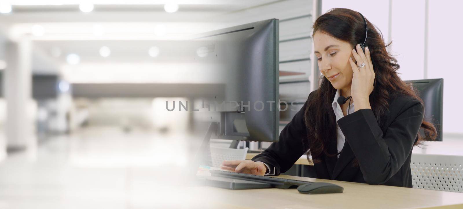 Business people wearing headset working in office broaden view by biancoblue