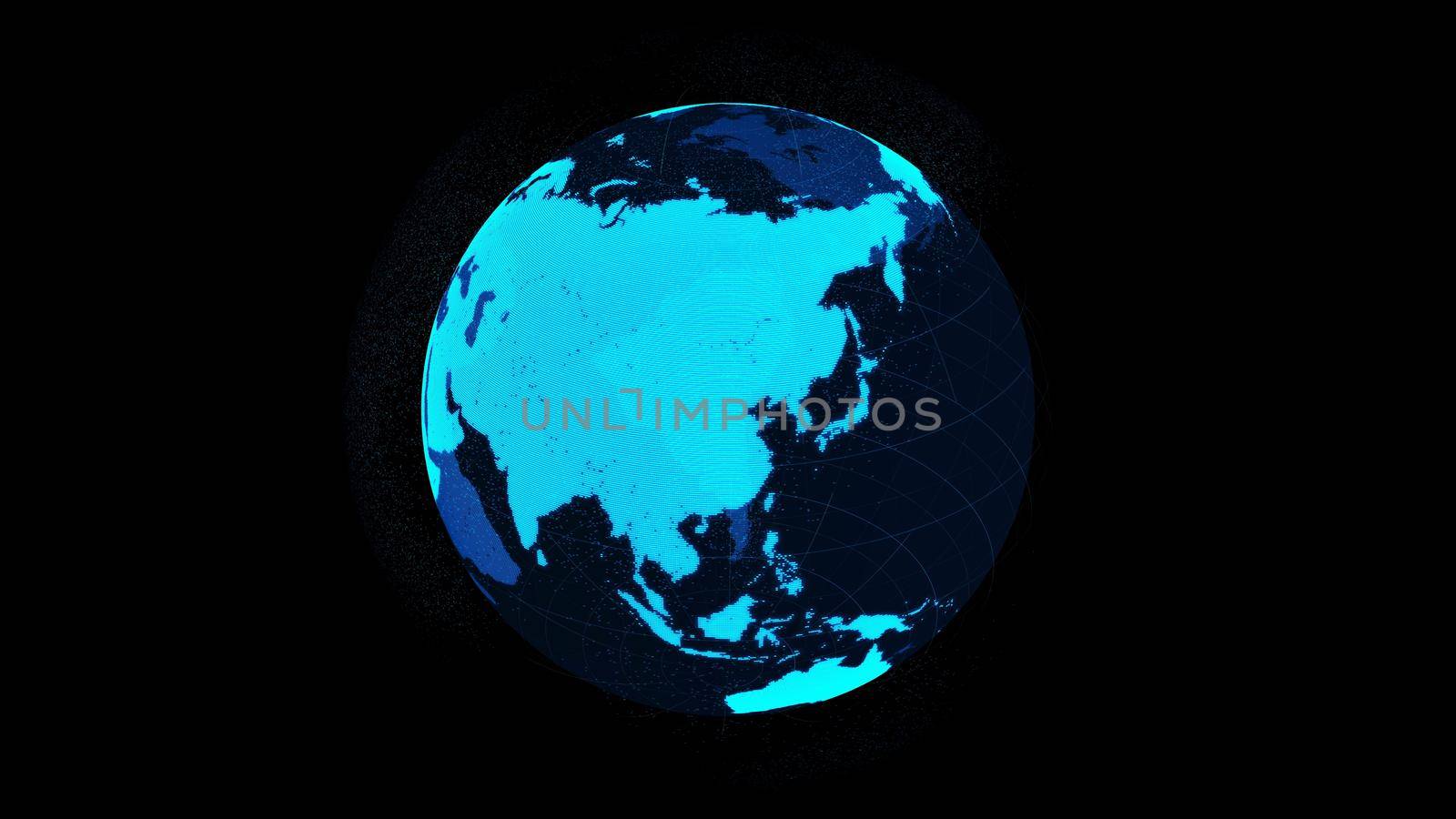 3D Digital orbital earth in cyberspace showing concept of network technology . Hologram of globe sphere graphic connect to internet presents global communication and connection network . 3D render .