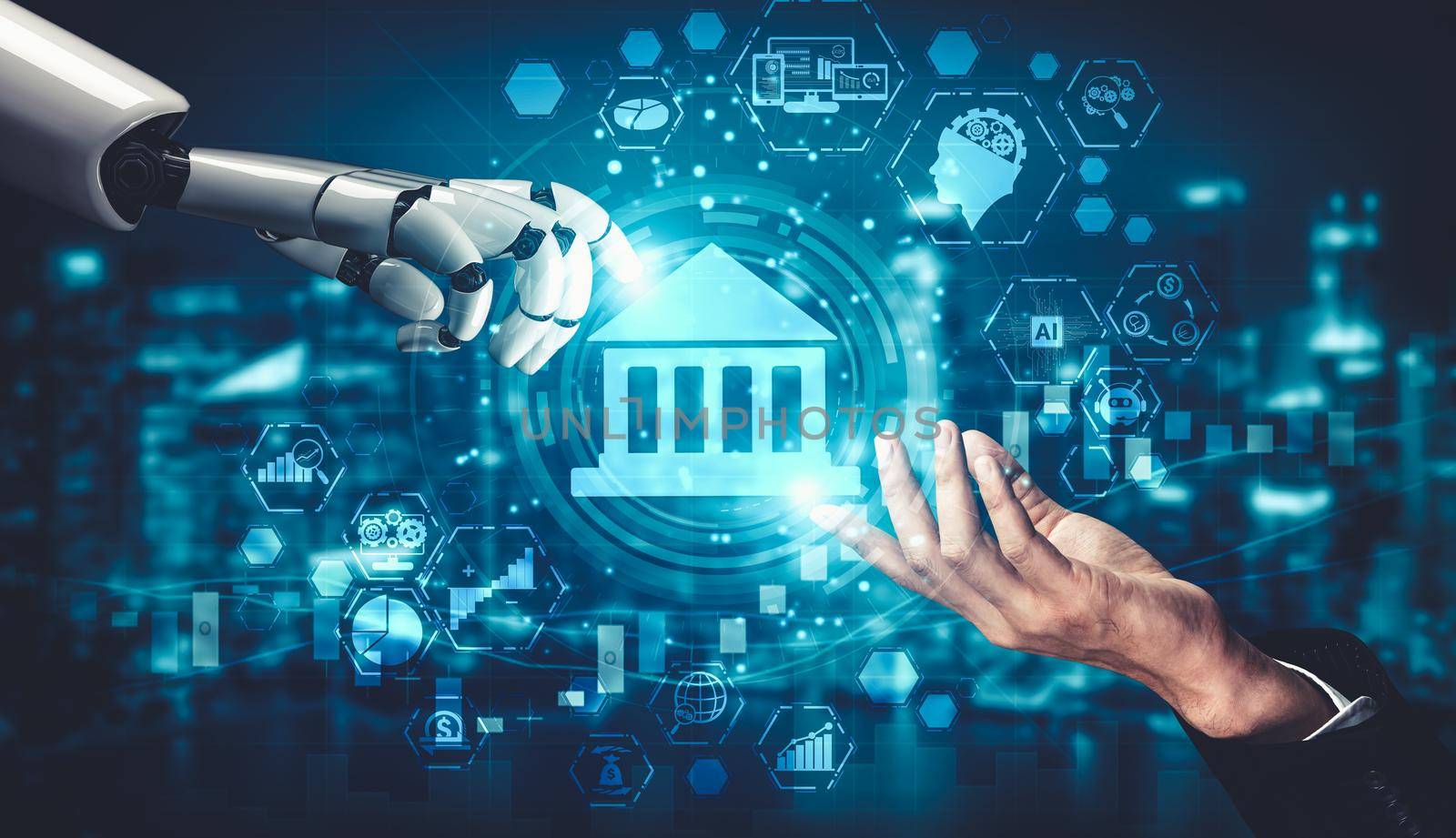 3D rendering artificial intelligence AI research of droid robot and cyborg development for future of people living. Digital data mining and machine learning technology design for computer brain.