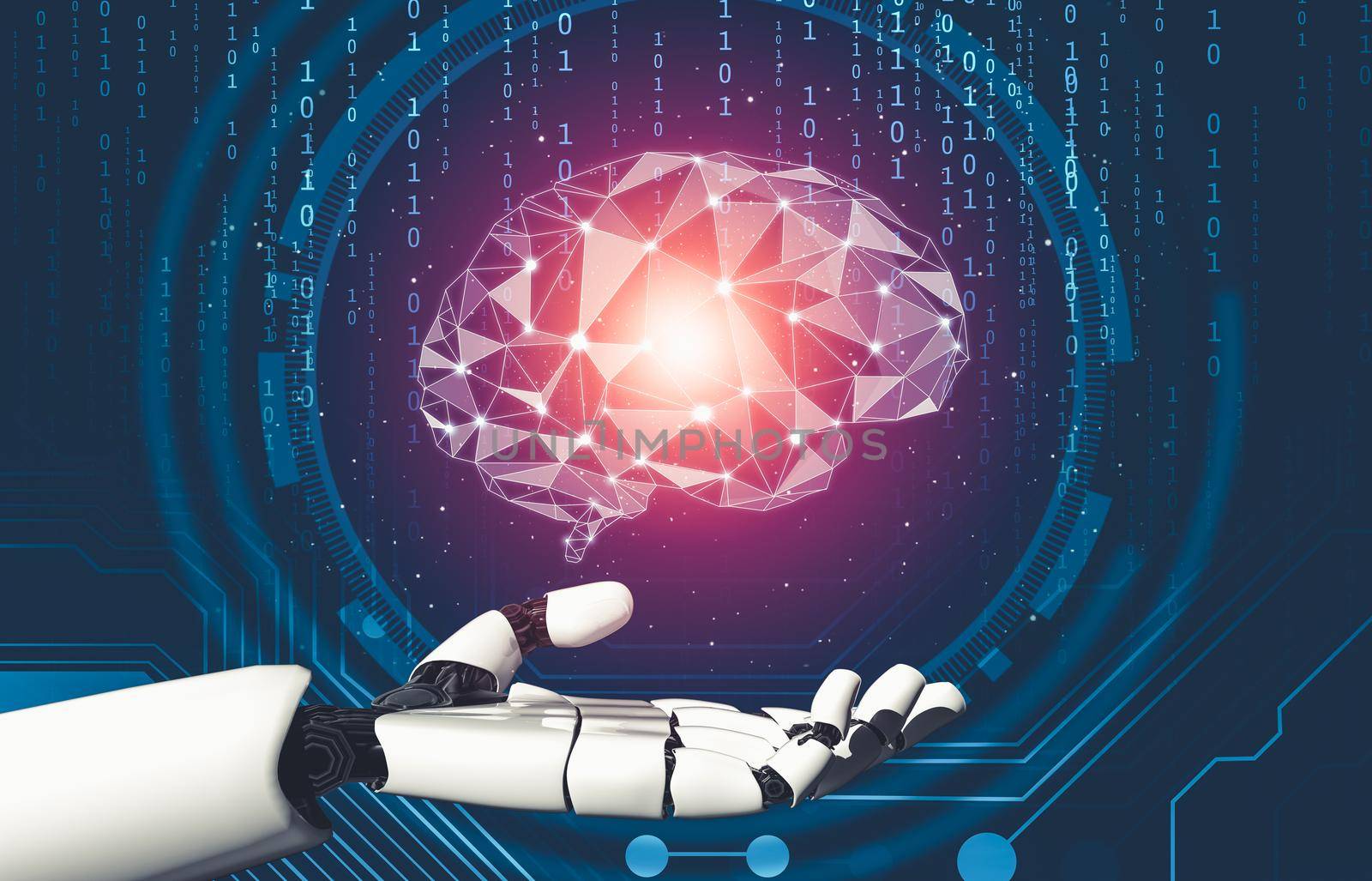 3D rendering futuristic droid robot technology development, artificial intelligence AI, and machine learning concept. Global robotic bionic science research for future of human life.