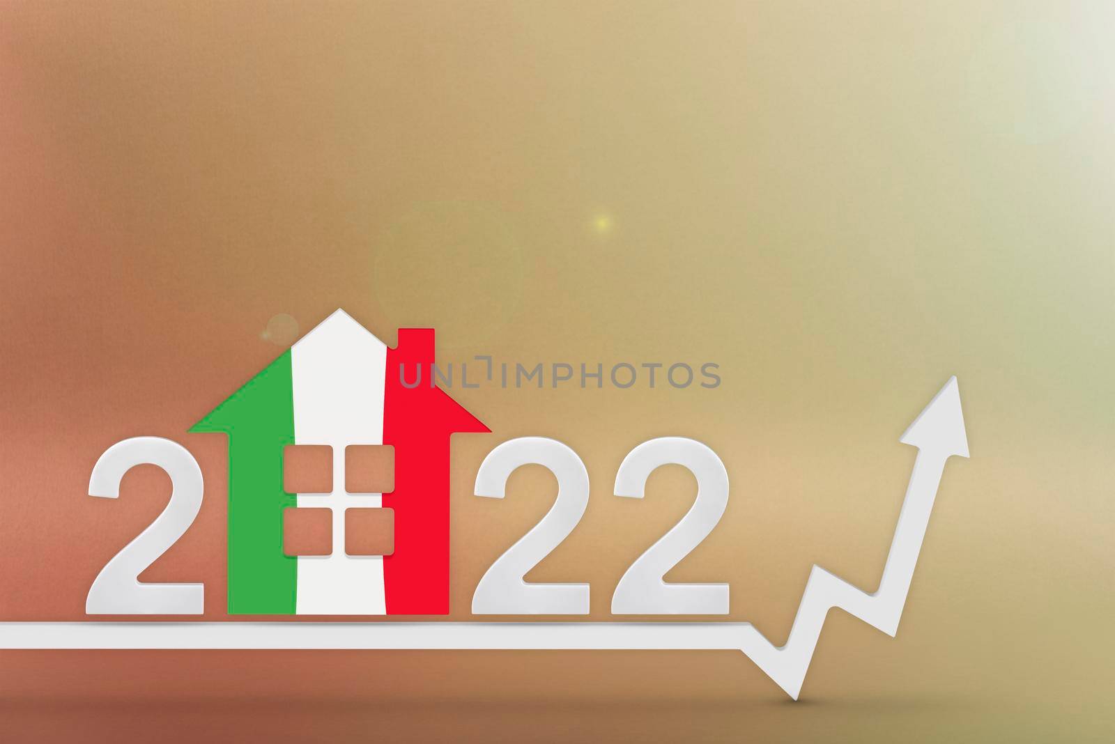 The cost of real estate in Italia in 2022. Rising cost of construction, insurance, rent in Italia. 3d House model painted in flag colors, up arrow on yellow background.