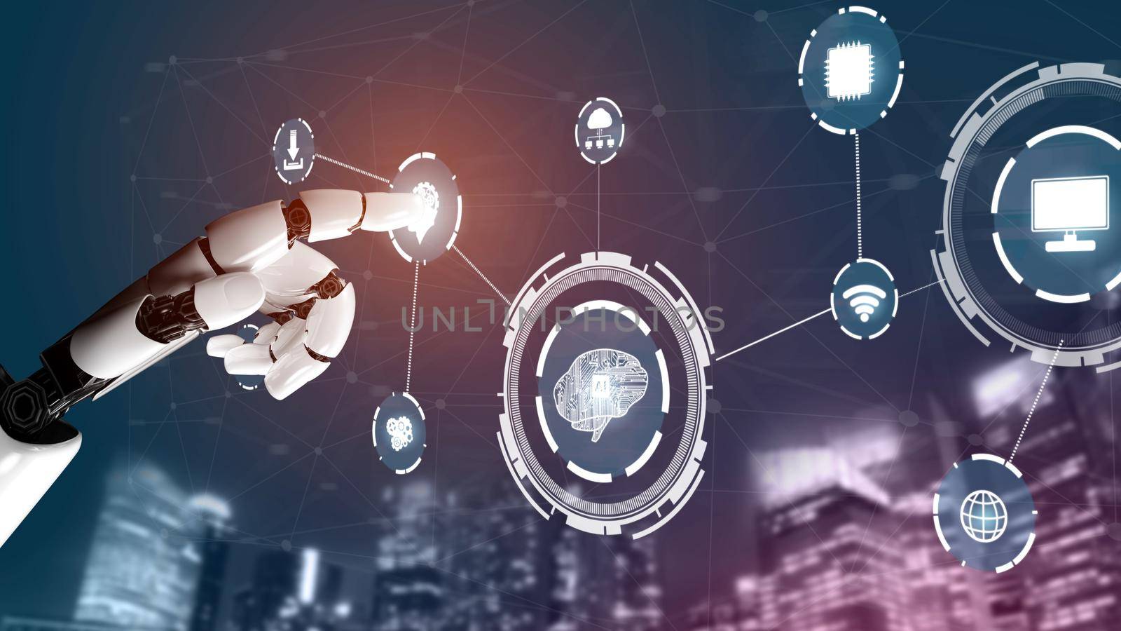 Futuristic robot artificial intelligence revolutionary AI technology development and machine learning concept. Global robotic bionic science research for future of human life. 3D rendering graphic.