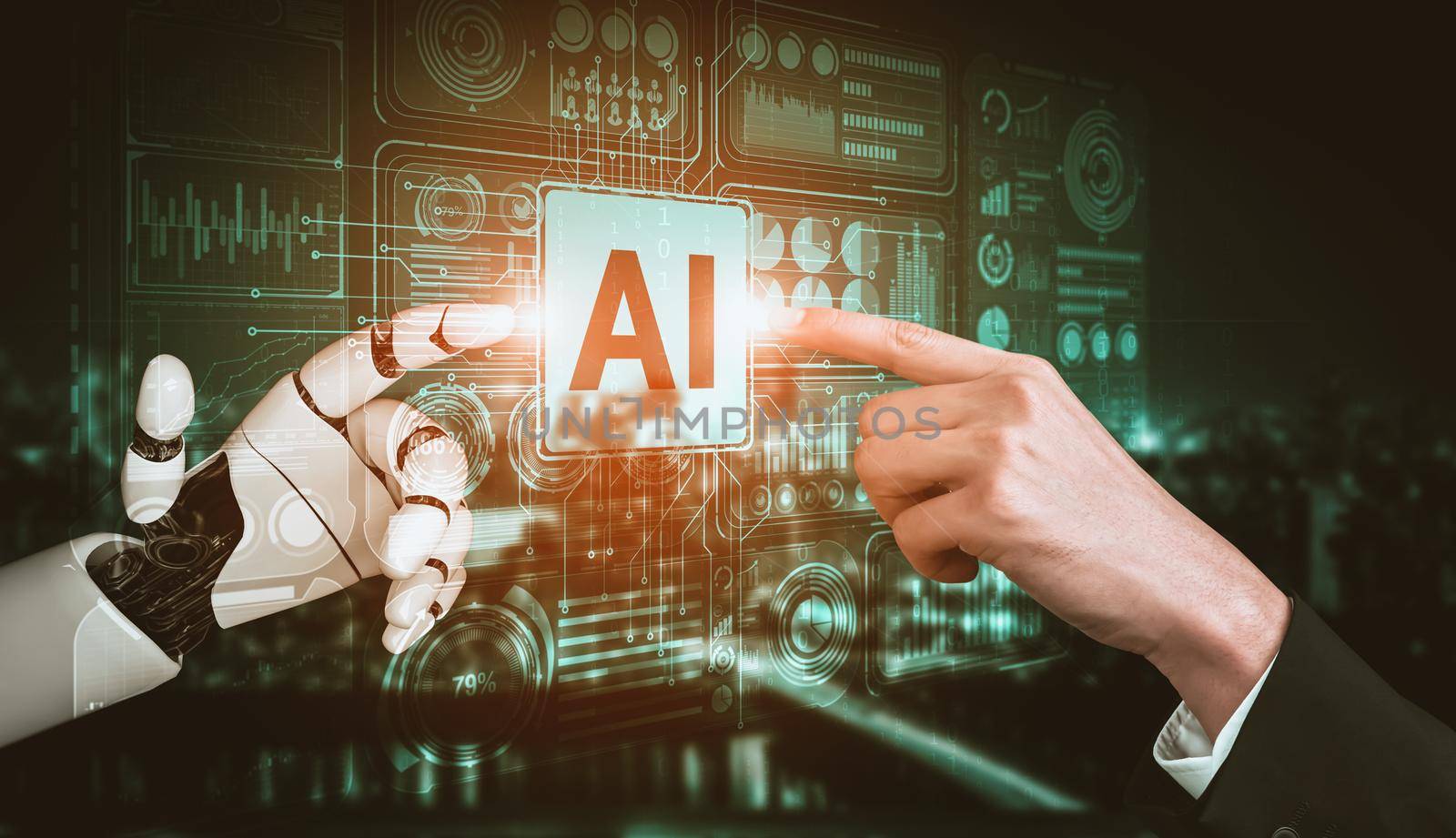 3D rendering artificial intelligence AI research of droid robot and cyborg development for future of people living. Digital data mining and machine learning technology design for computer brain.