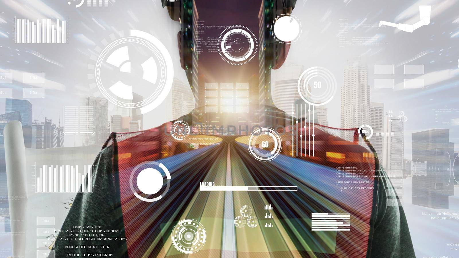 Future building construction and inventive engineering project concept with HUD hologram graphic design. Building engineer, architect people or construction worker works with modern civil technology.