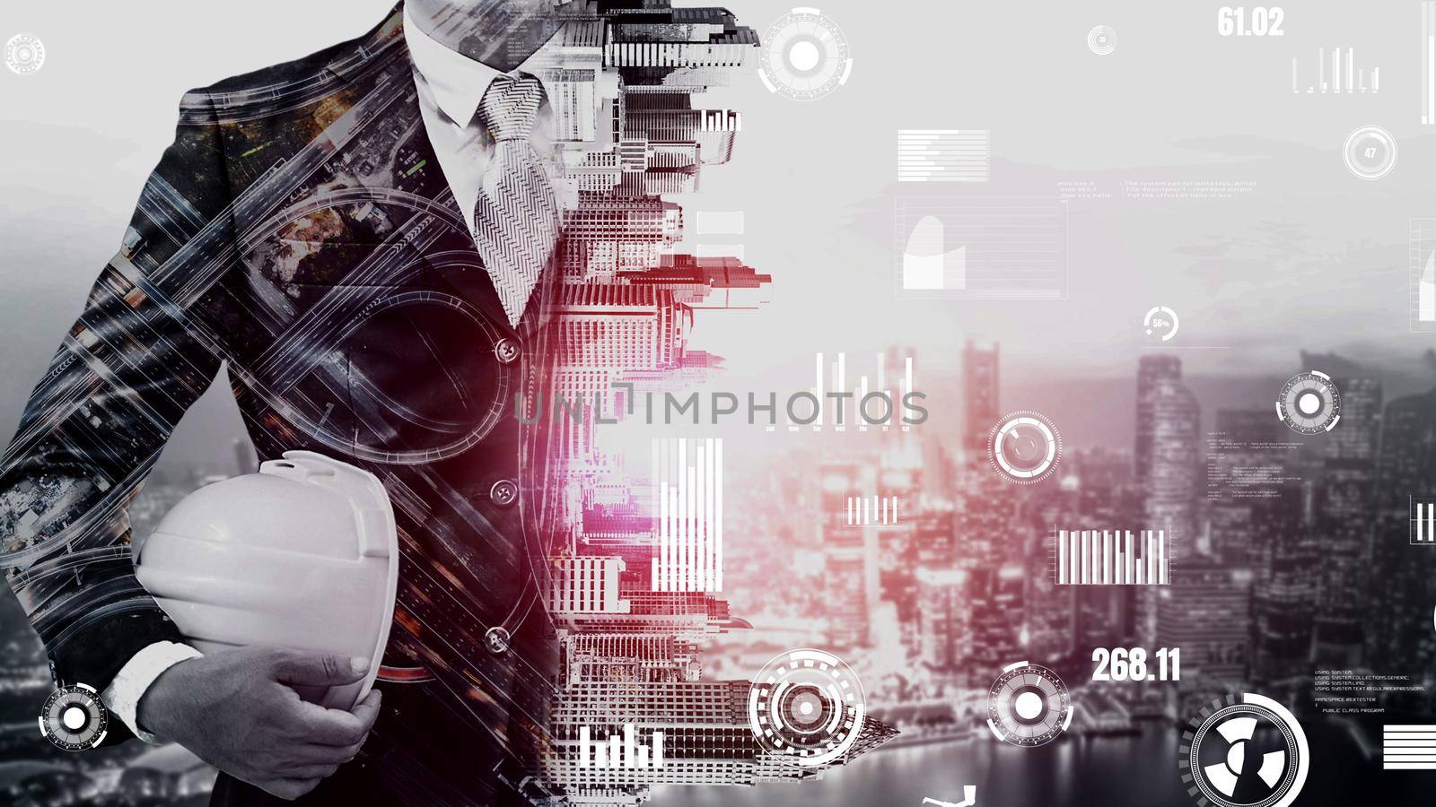 Future building construction and inventive engineering project concept with HUD hologram graphic design. Building engineer, architect people or construction worker works with modern civil technology.