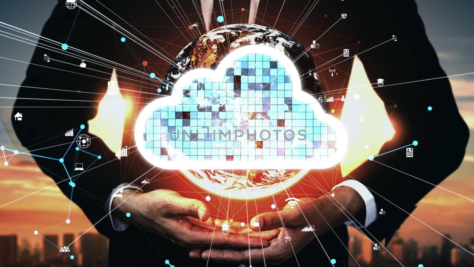 Conceptual cloud computing and data storage technology for future innovation . 3D render computer graphic .