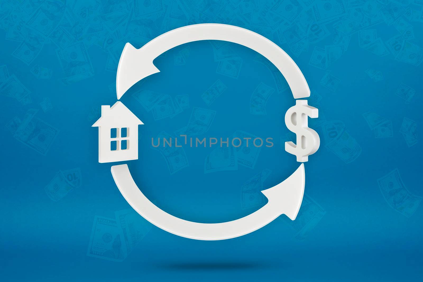 Buying real estate or a house. White house with recycling and dollar symbol, real estate. Acquisition or purchase of real estate. 3D image of a house model on a blue background