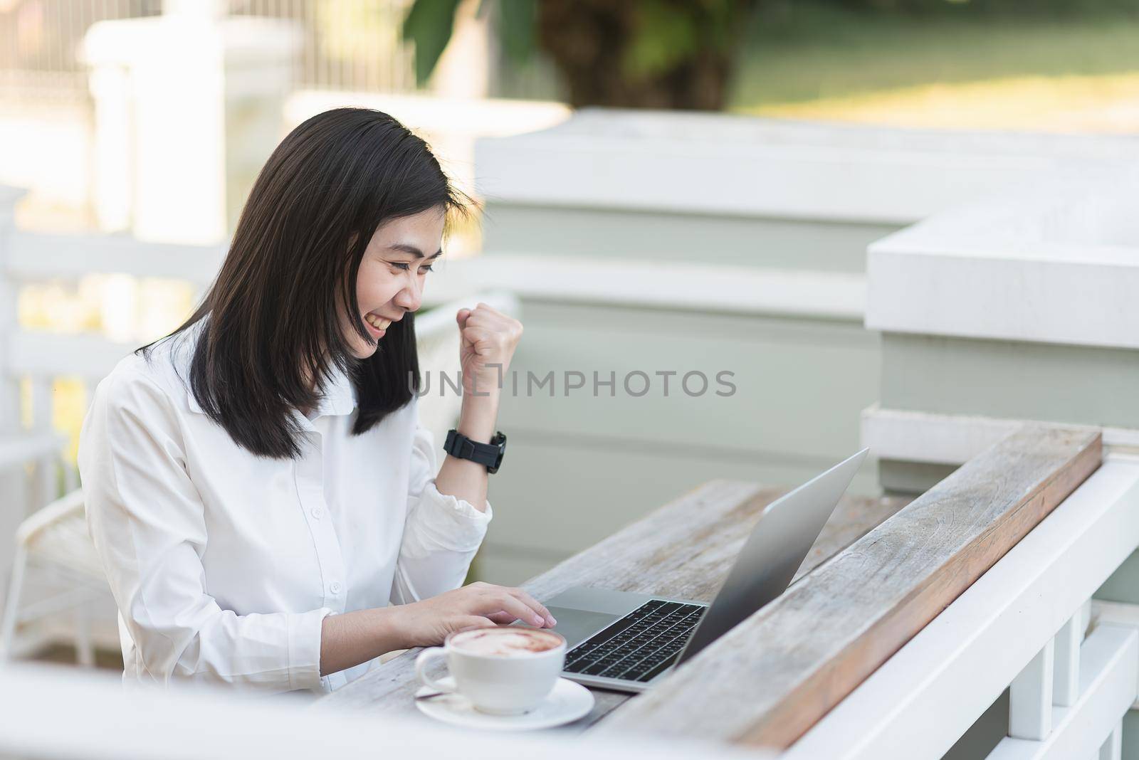 beautiful business asian woman smile and working online with laptop and celebrating work success cheerful and happiness, business concept. by Wmpix