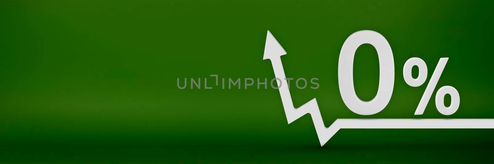 0 percent. The arrow on the graph points up. Rising prices, inflation, increase in income, increase in interest rates, taxes. 3d banner, zero percent sign discount on a green background. by SERSOL