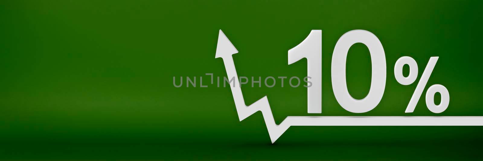 10 percent. The arrow on the graph points up. Rising prices, inflation, increase in income, increase in interest rates, taxes. 3d banner, 10 percent sign discount on a green background