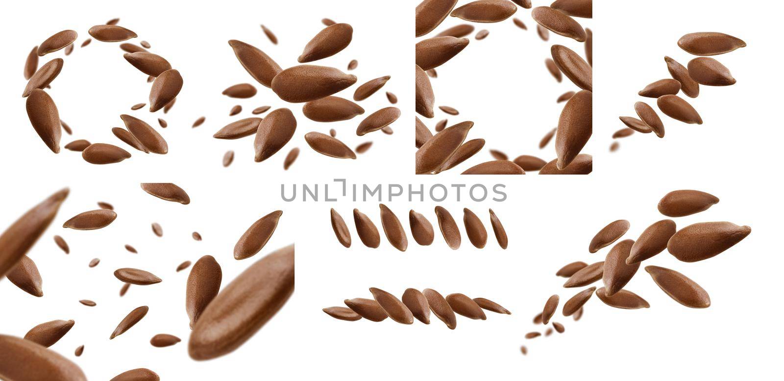 A set of photos. Flax seeds are levitated on a white background.