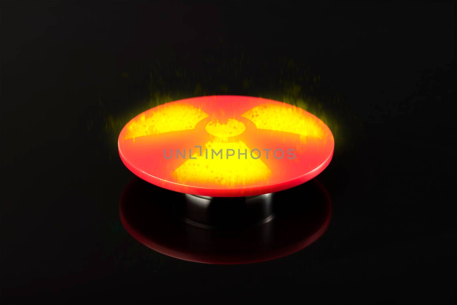 Big red button with the symbol of nuclear weapons on a black background. Glowing nuclear button in a nuclear suitcase by SERSOL