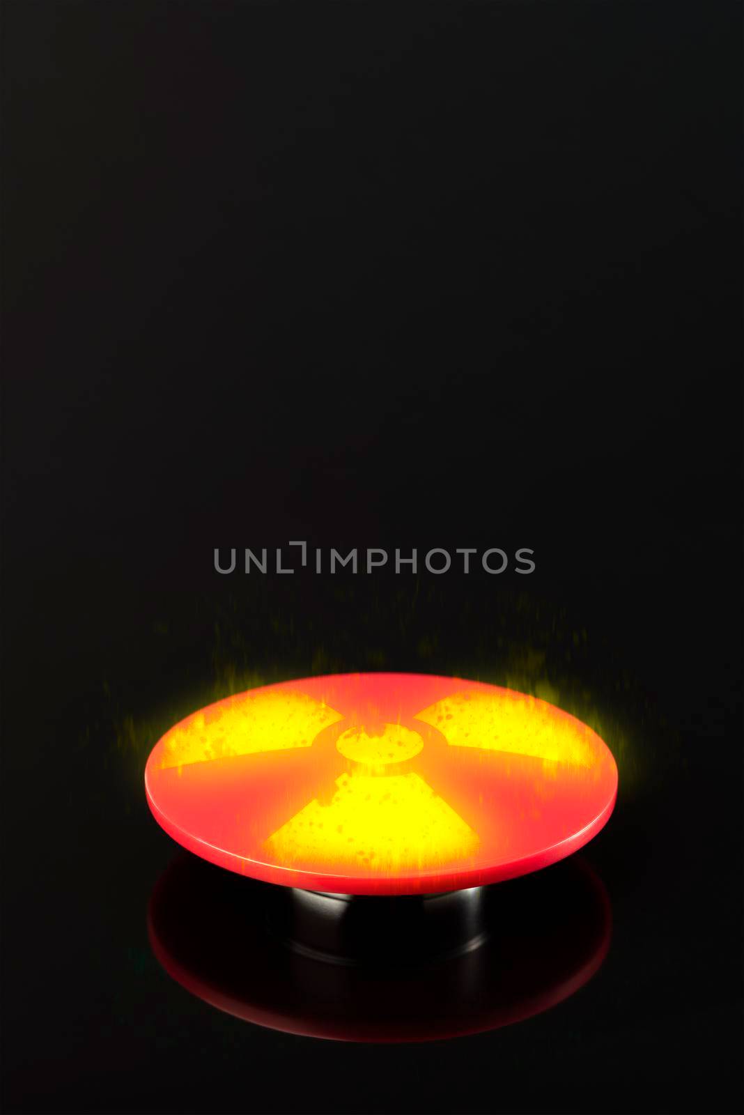 Big red button with the symbol of nuclear weapons on a black background. Glowing nuclear button in a nuclear suitcase.