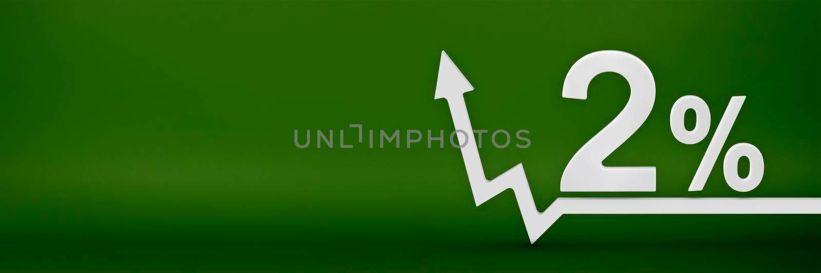 2 percent. The arrow on the graph points up. Rising prices, inflation, increase in income, increase in interest rates, taxes. 3d banner, two percent sign discount on a green background