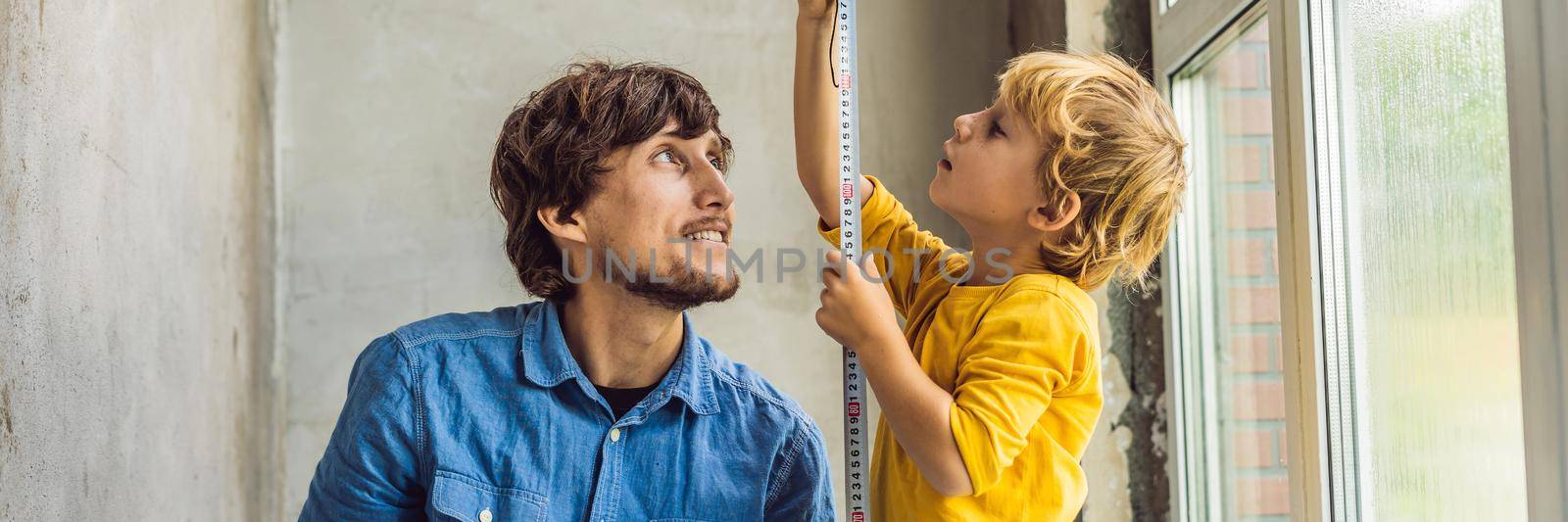Father and son repair windows together. Repair the house yourself BANNER, LONG FORMAT by galitskaya