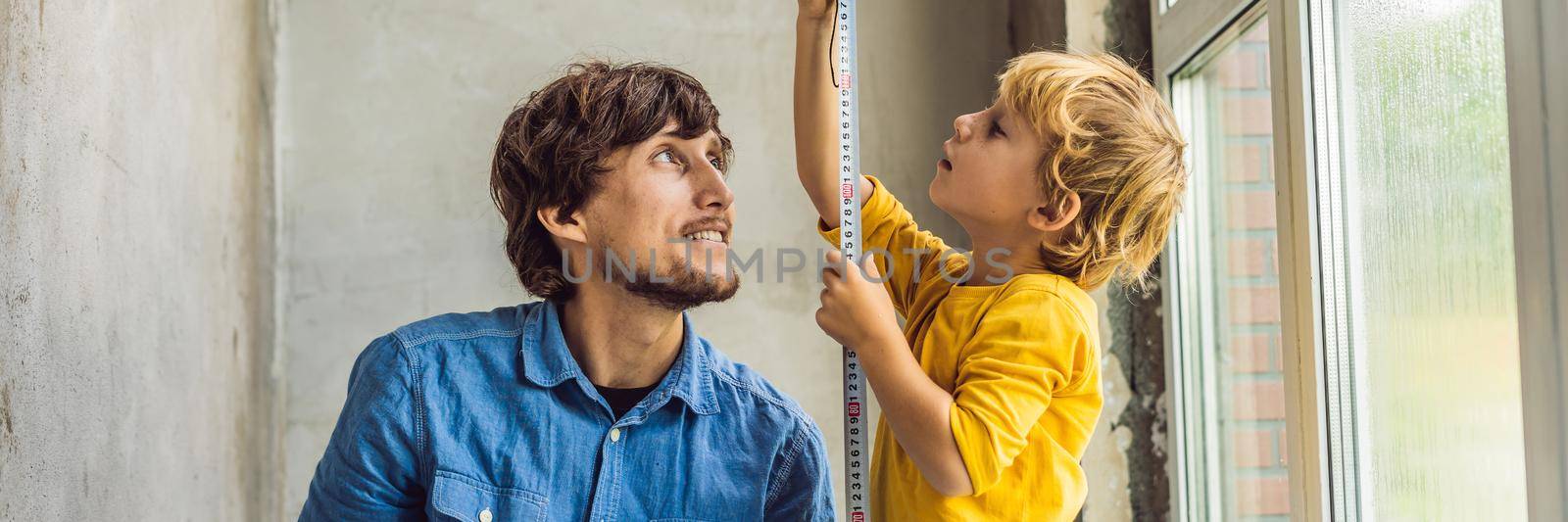 Father and son repair windows together. Repair the house yourself. BANNER, LONG FORMAT