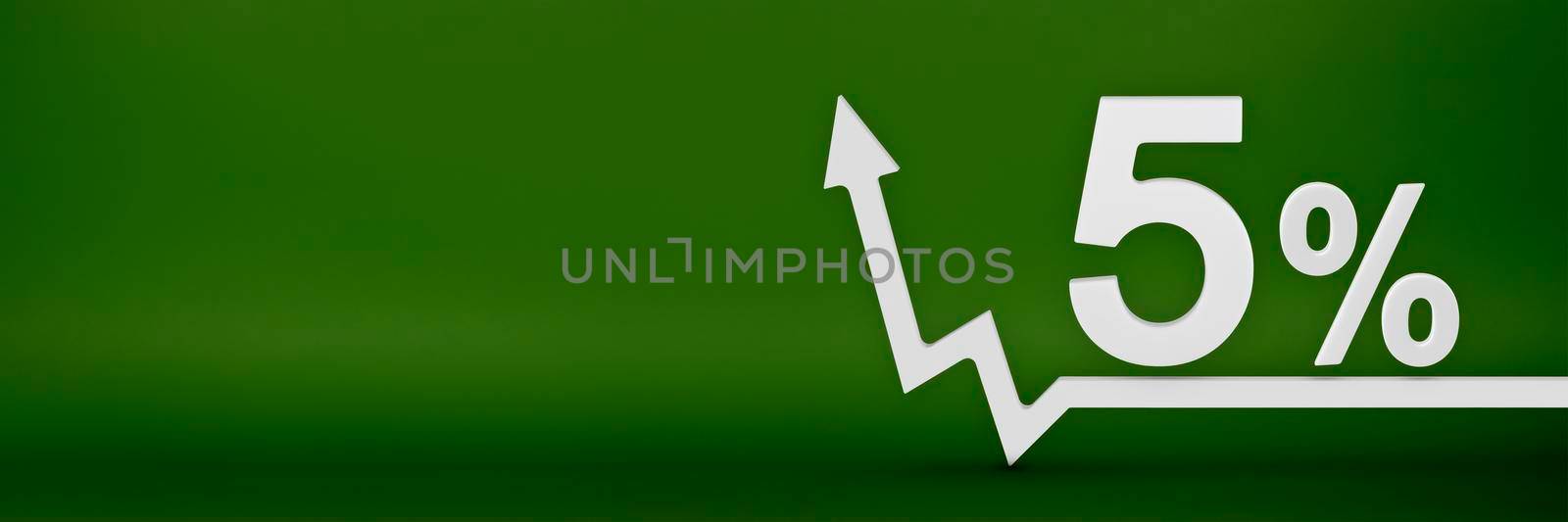 5 percent. The arrow on the graph points up. Rising prices, inflation, increase in income, increase in interest rates, taxes. 3d banner, five percent sign discount on a green background. by SERSOL