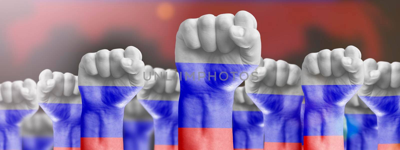 Raised fists against the background of the national flag of Russia. The concept of a revolution. Protests against the government, struggle for democracy and freedom. by SERSOL