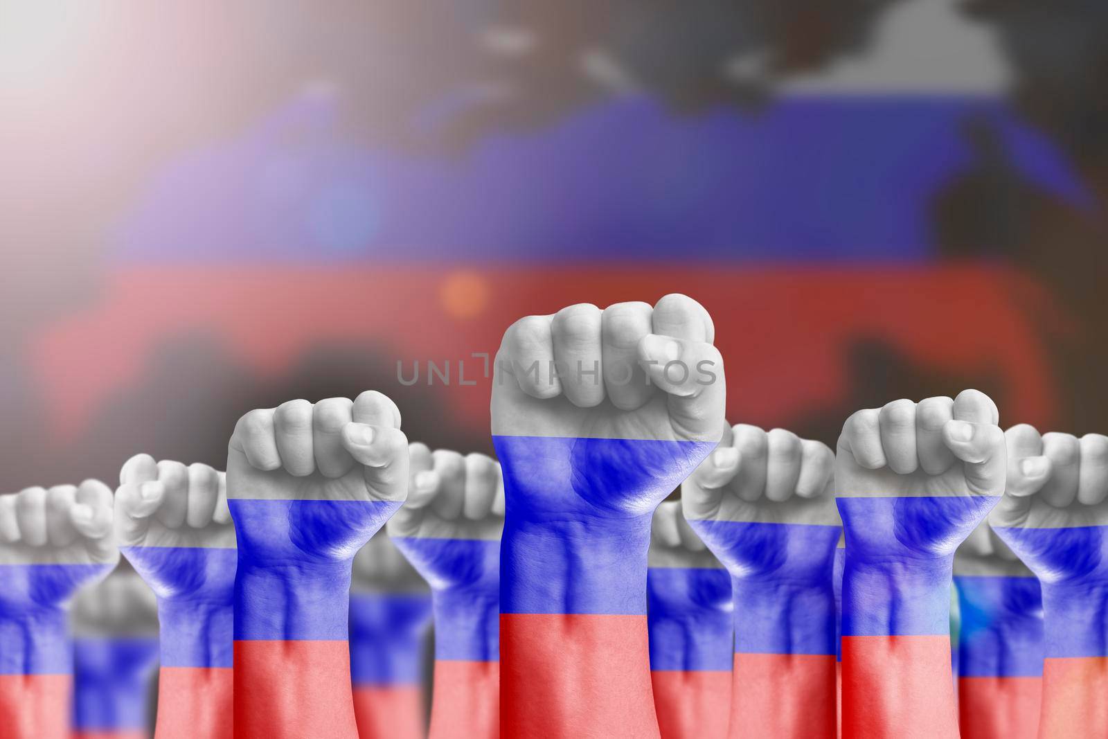 Raised fists against the background of the national flag of Russia. The concept of a revolution. Protests against the government, struggle for democracy and freedom. by SERSOL