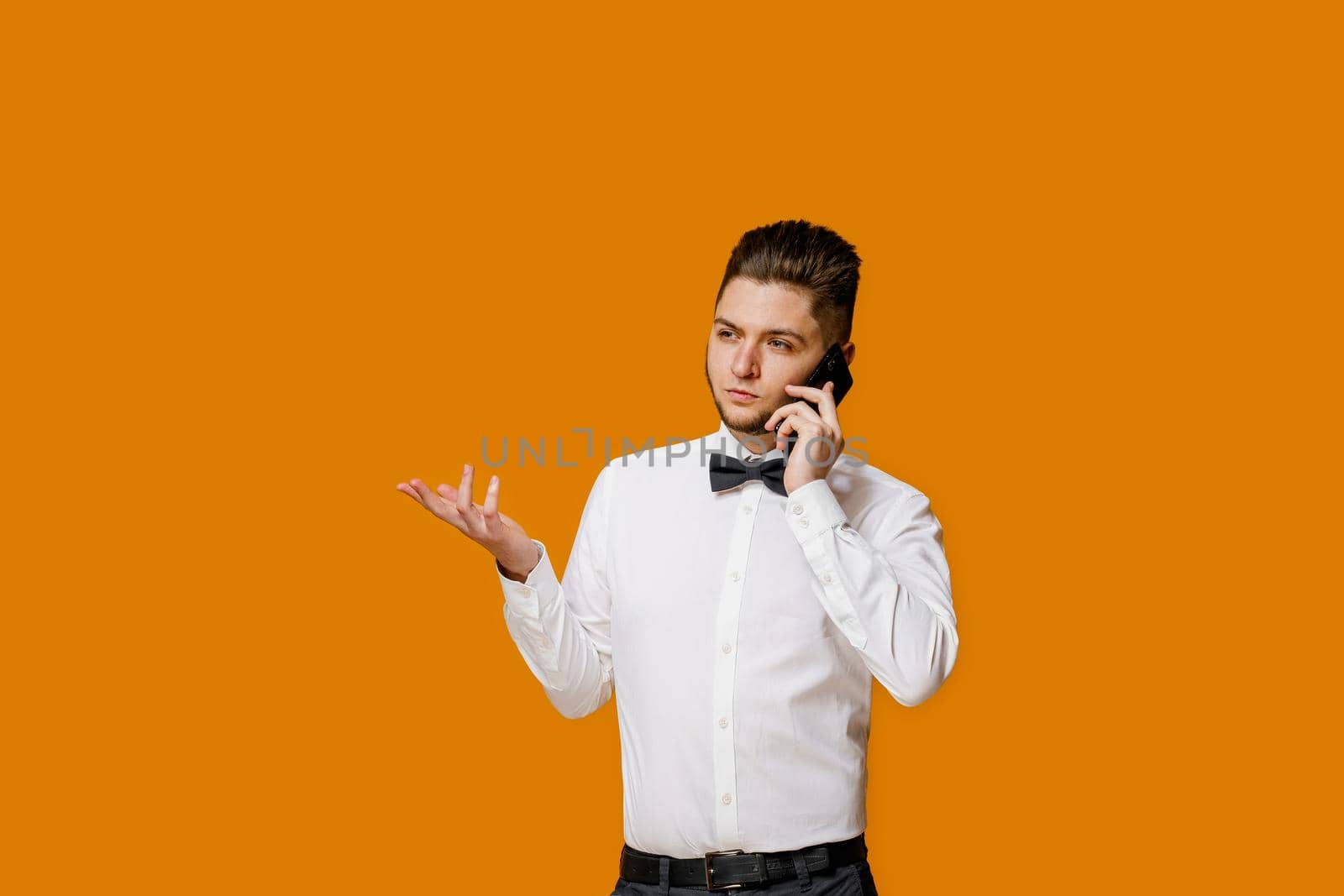 Manager with phone calls and points to text of advert left side. How to make online order in restaurant for delivery. Online work at home