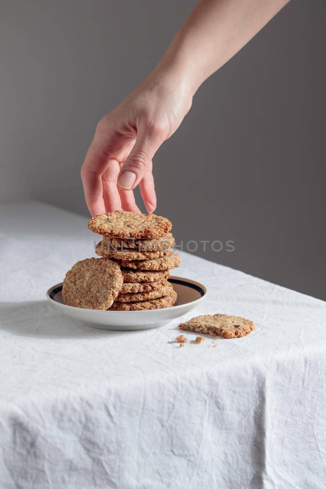 Stack of homemade oat cookies on a table