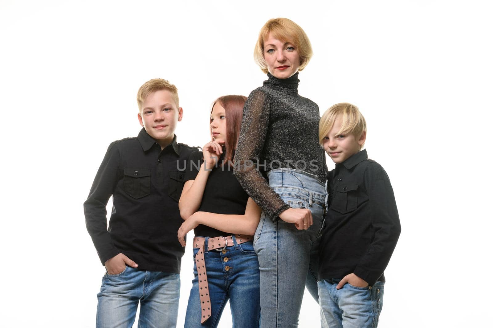 Mom and three children, two boys and a girl, isolated on a white background